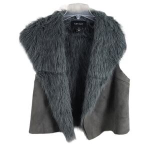 Karen Kane Reversible Vest Faux Fur Suede Shawl Collar Open Front Gray Small